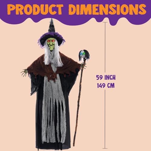 59” Halloween Decorations Outdoor Hanging Witch with Light Up Skull Skeleton Wand Sound Activated E29068