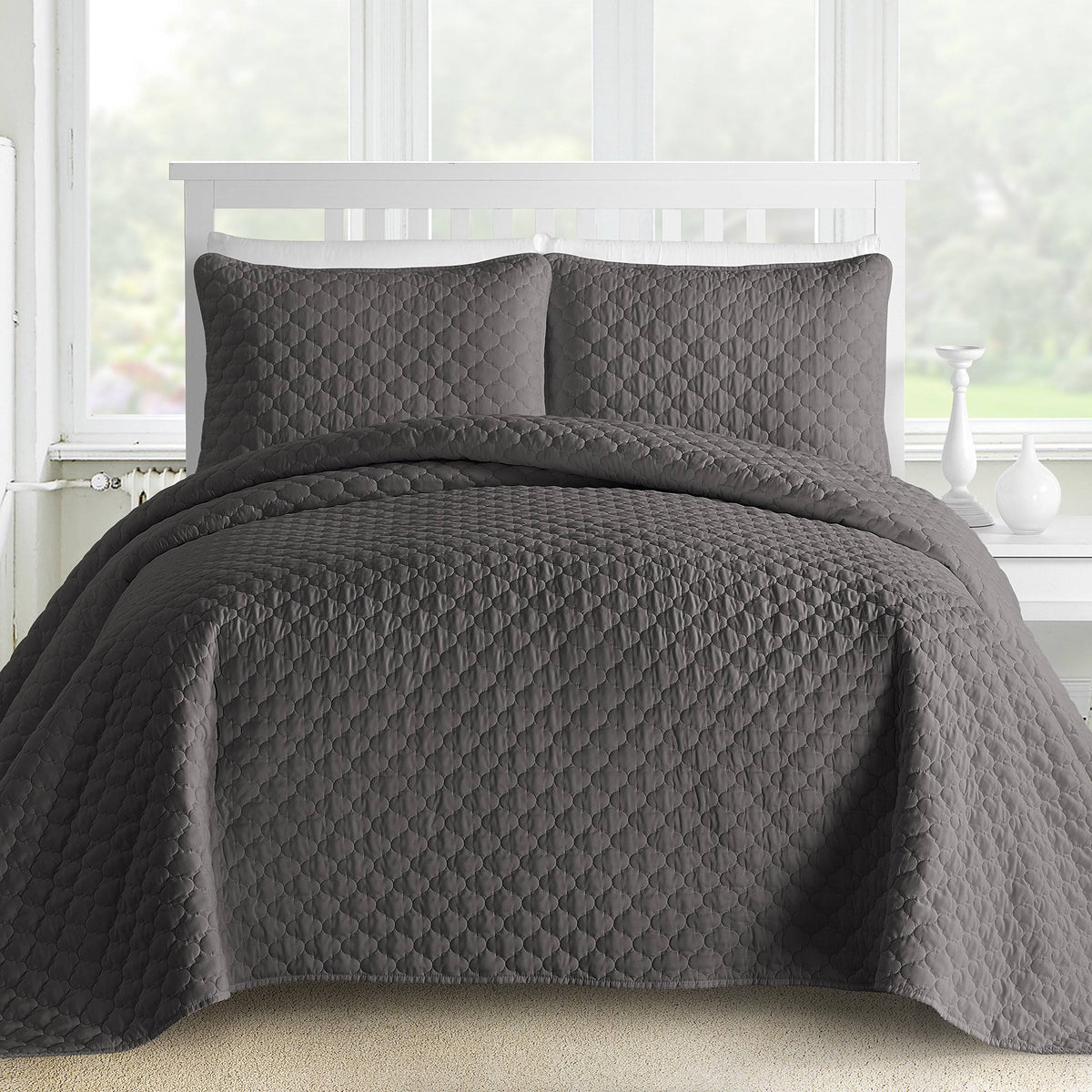 Quilted 3-Piece Bedspread Coverlet Set King Cal King Gray F589