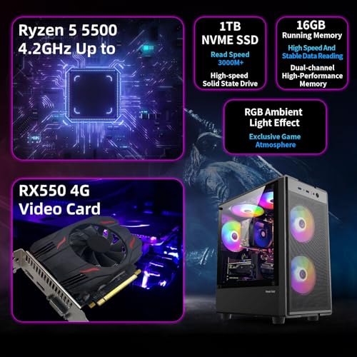 Gaming PC Desktop Computer, AMD Ryzen 5 5500, Radeon RX 550 4GB, 16G DDR4 RAM, 1TB NVME SSD Y761557
