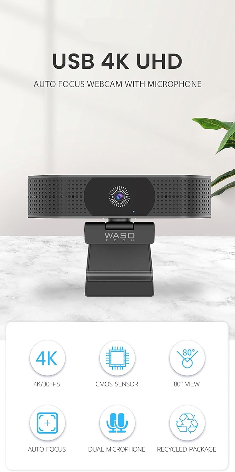 4K Webcam with Microphone, 8MP 30fps Auto Focus USB Q91395