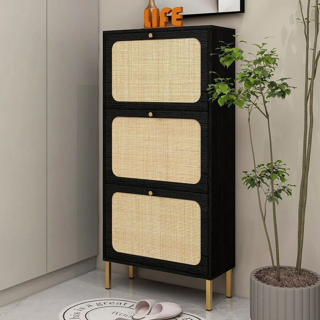 3 Flip Drawer Natural Rattan Shoe Cabinet with Metal Legs V712943