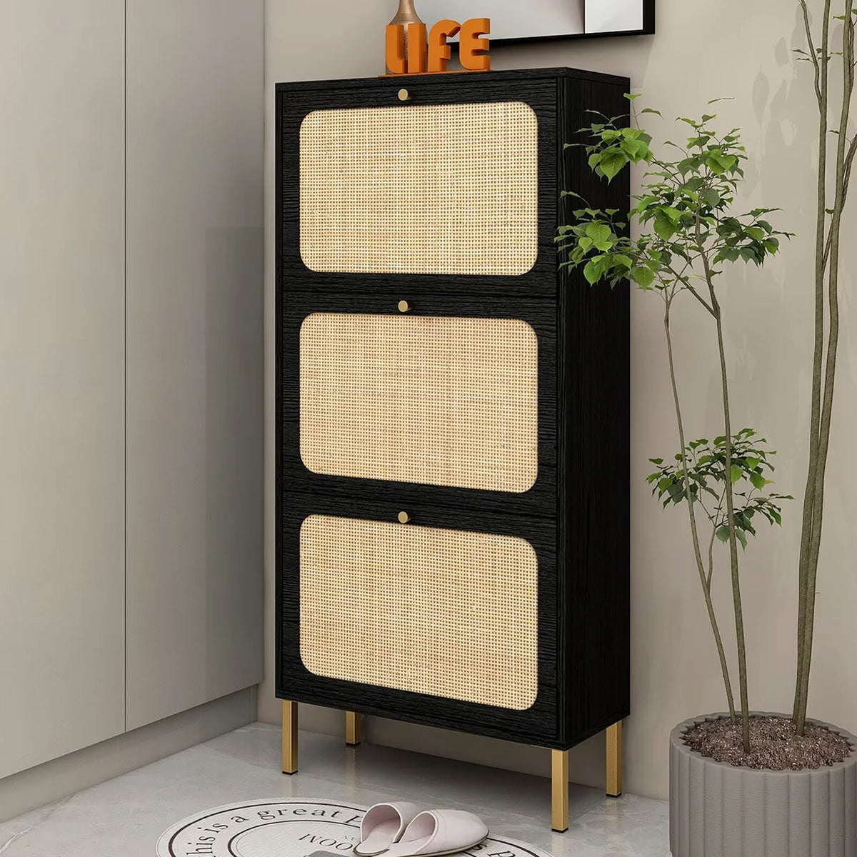 3 Flip Drawer Natural Rattan Shoe Cabinet with Metal Legs V712943