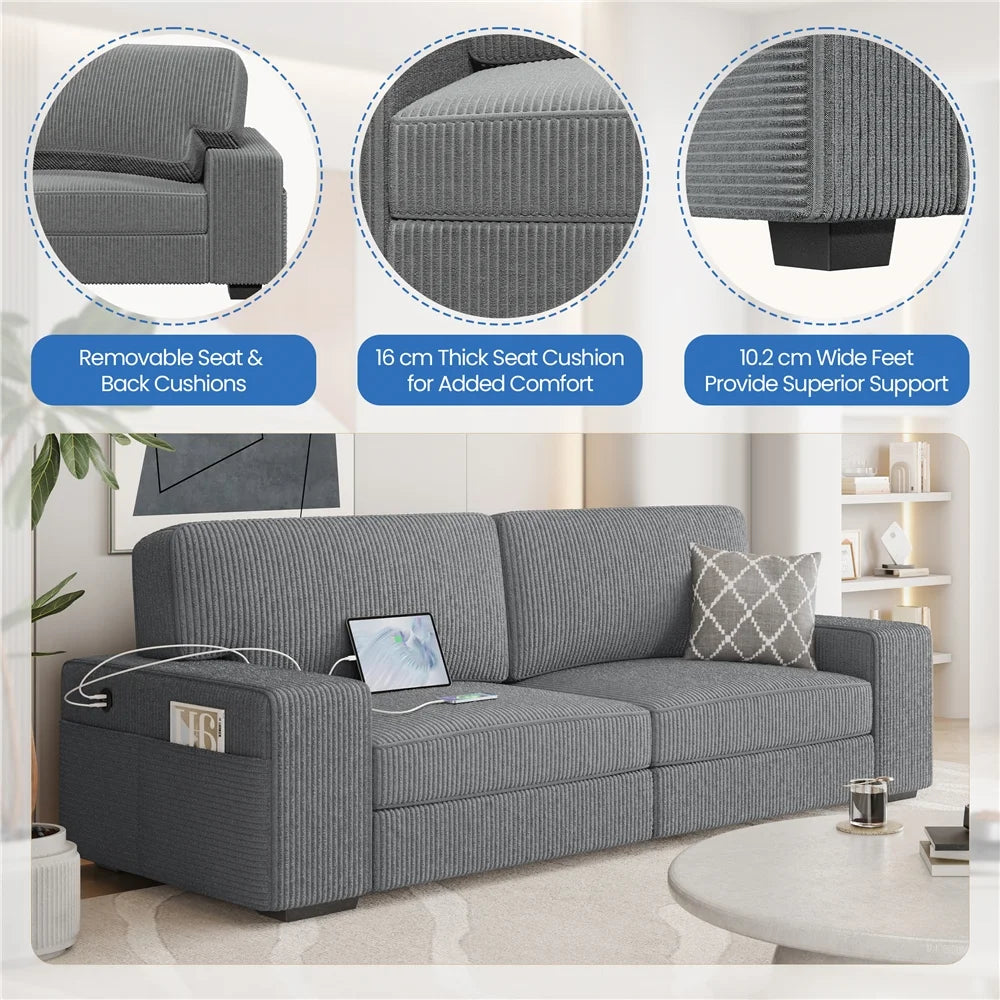 83.5'' W 2-Seater Corduroy Fabric Sofa Couch with USB Charging Ports, Ivory U7768