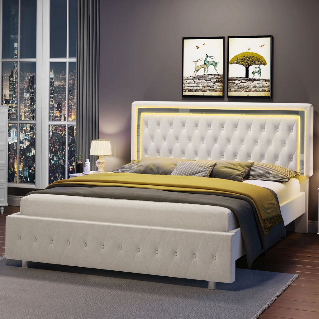 Queen Size Velvet Button Tufted LED Bed Frame U82341