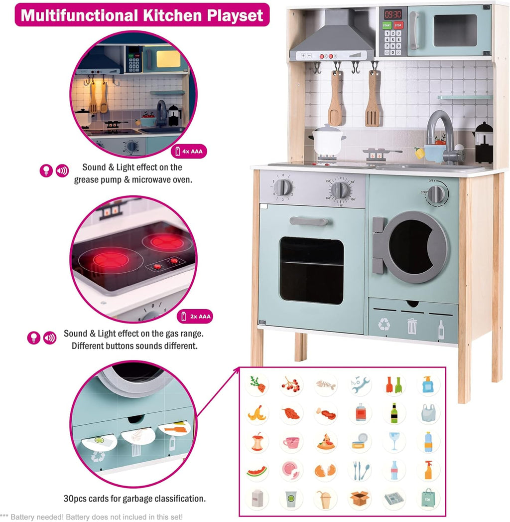 Wooden Play Kitchen with Lights & Sounds, Stove, Sink, Microwave Oven P7741