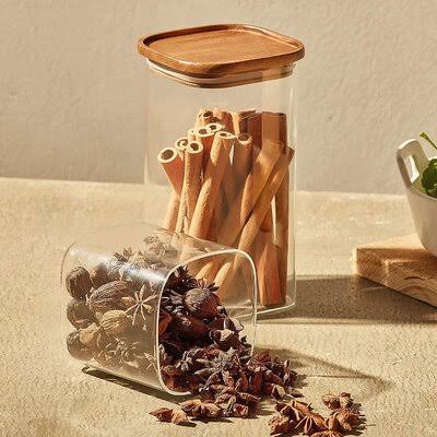 Square Glass Jars with Wood Lids Set of 2 Airtight Stackable Storage Containers A2791