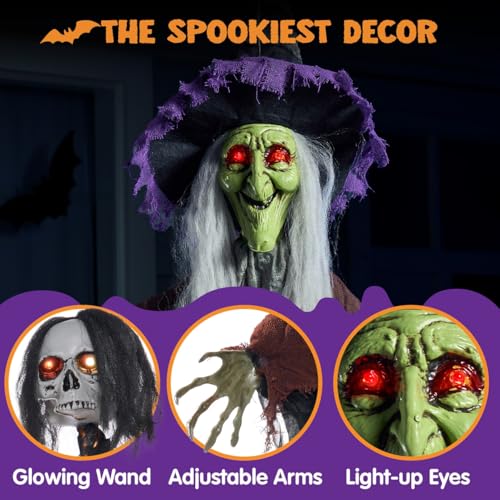 59” Halloween Decorations Outdoor Hanging Witch with Light Up Skull Skeleton Wand Sound Activated E29068