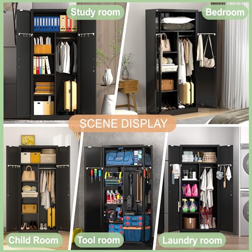 Black Metal Armoire Wardrobe with 2 Doors, 1 Adjustable Shelf, 2 Drawers, and Hanging Rod R7434