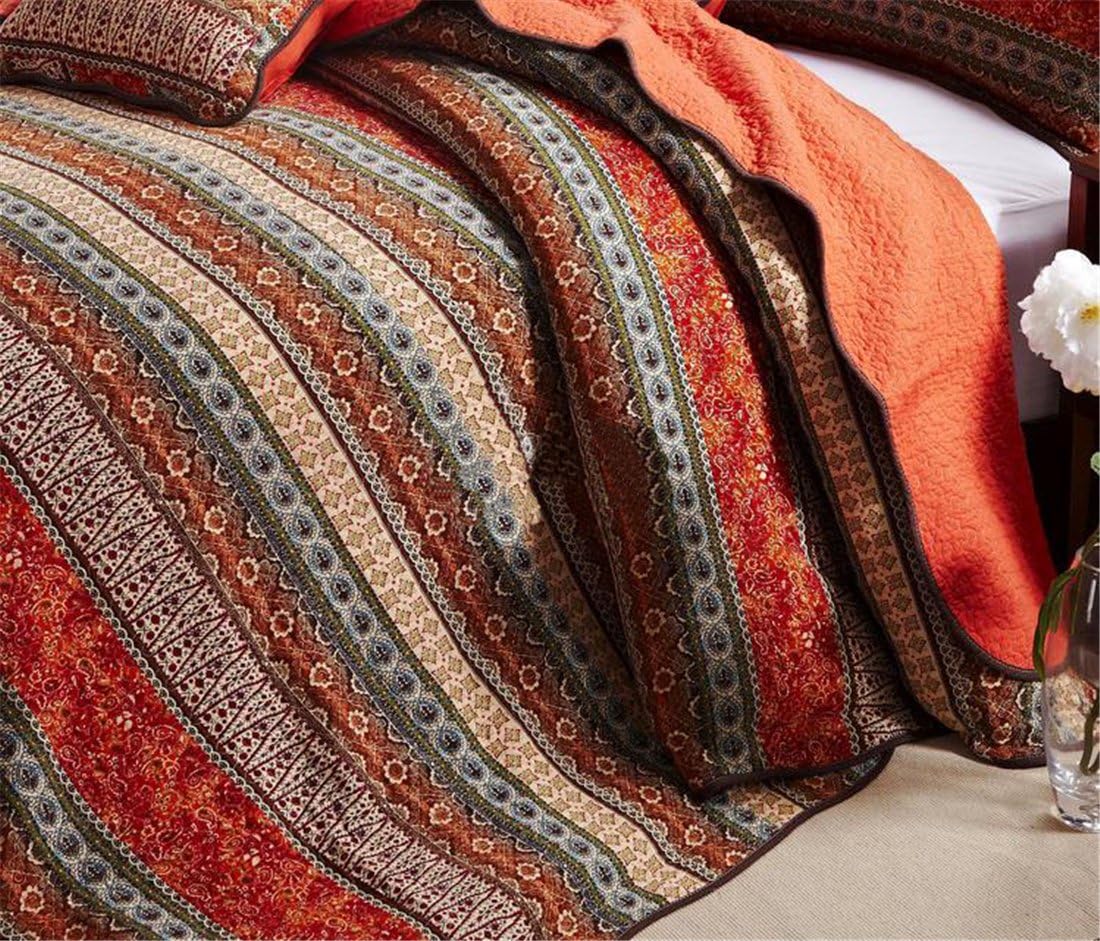 Striped Cotton 3-Piece Patchwork Bedspread Quilt Set Queen G614