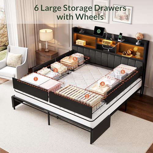 King Size Wooden Platform Bed Frame with 6 Storage Drawers and Headboard D896