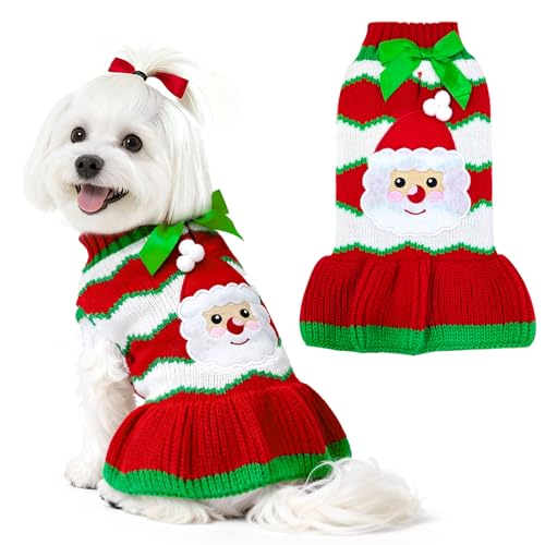 Dog Christmas Sweater Dress with Leash Hole Turtleneck Knitted Pullover E96430