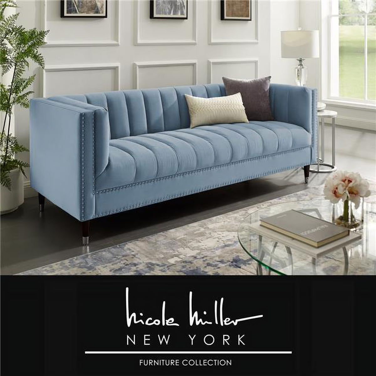 Slate Blue Velvet Tufted Sofa H309615