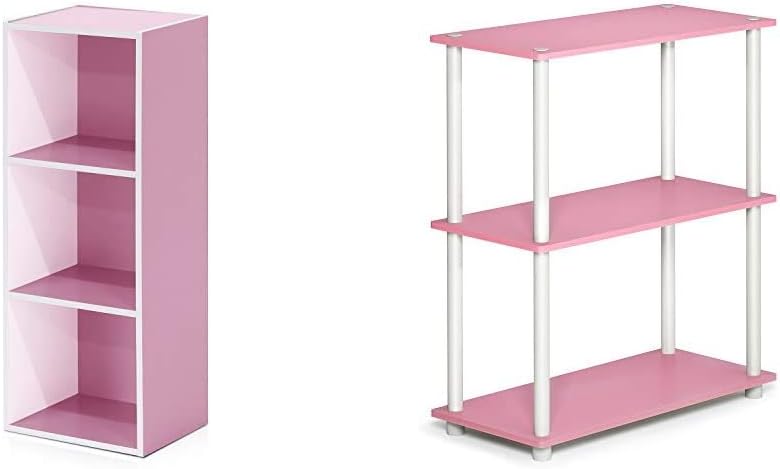 3-Tier Open Shelf Bookcase & 3-Tier Display Rack, White/Pink T95167