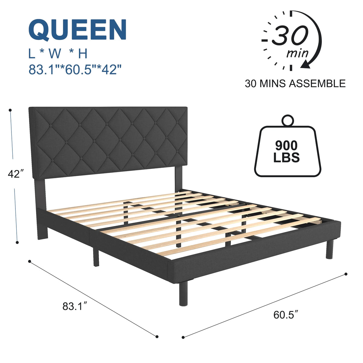 Queen Size Platform Bed with Wingback Headboard S711