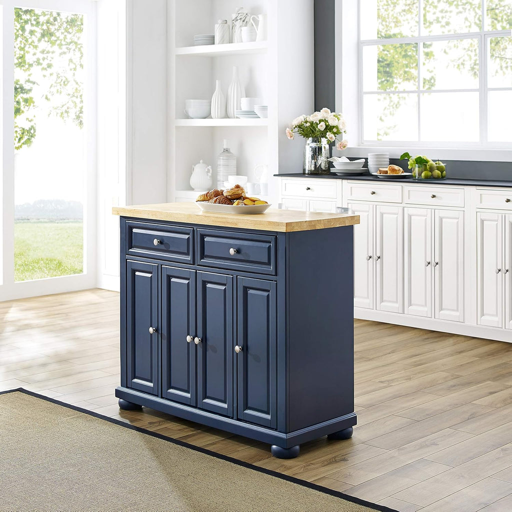 Navy Kitchen Island with Butcher Block Top A857621