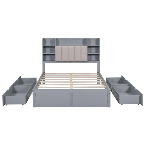 White Queen Size Murphy Bed with Shelves and Drawers E338