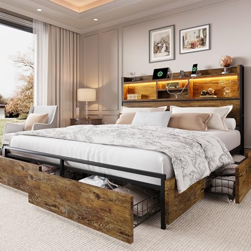 King Size Wooden Platform Bed Frame with 6 Storage Drawers and Headboard D896