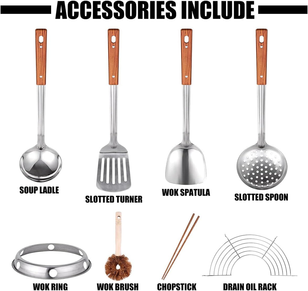Carbon Steel Hand Hammered Wok Pan Set with 8 Pcs Cookware Accessories L592