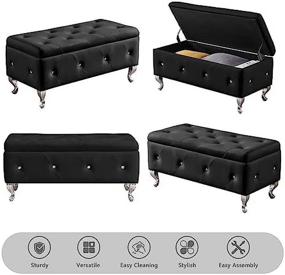 Grey Velvet Ottoman Bench with Metal Legs Q599