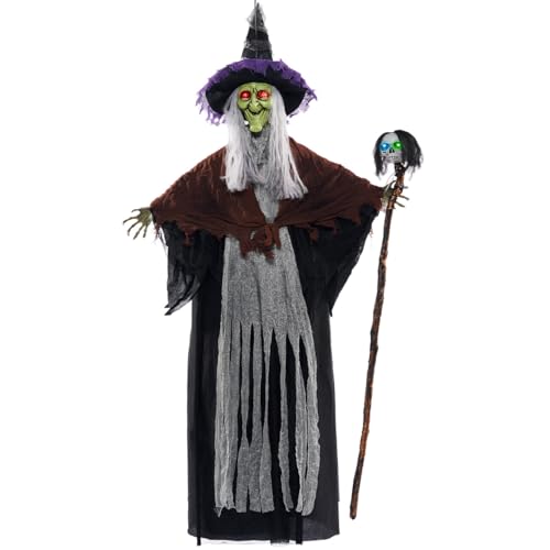 59” Halloween Decorations Outdoor Hanging Witch with Light Up Skull Skeleton Wand Sound Activated E29068