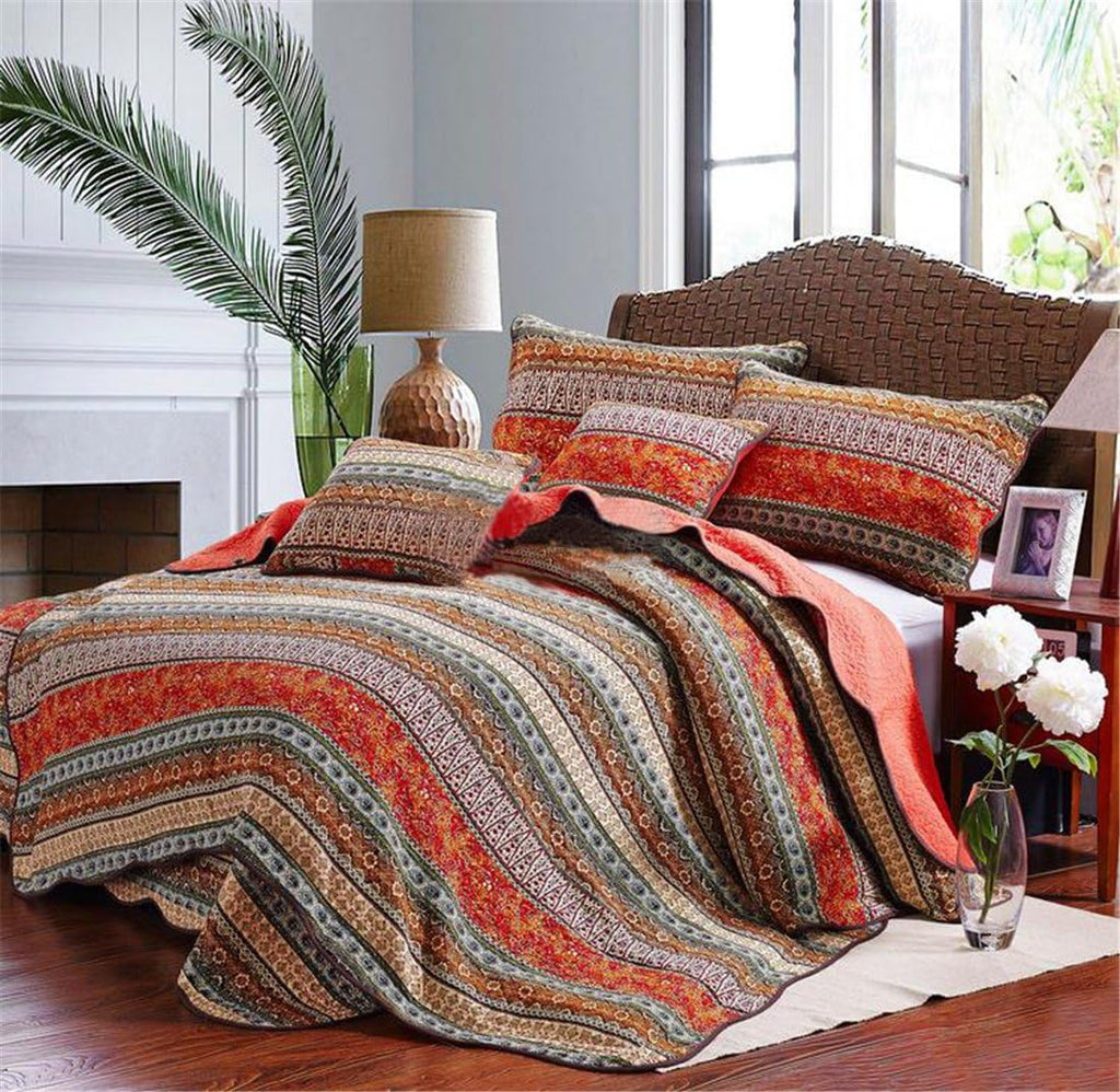 Striped Cotton 3-Piece Patchwork Bedspread Quilt Set Queen G614