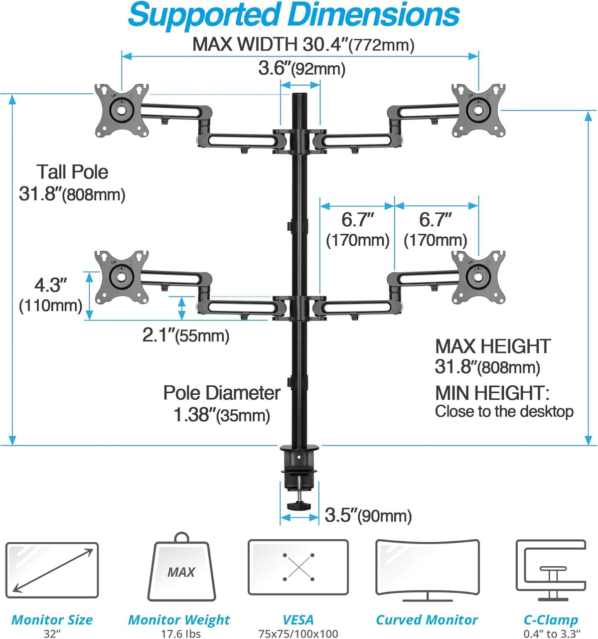Quad Monitor Desk Stand with 4 Articulating Arms N8509