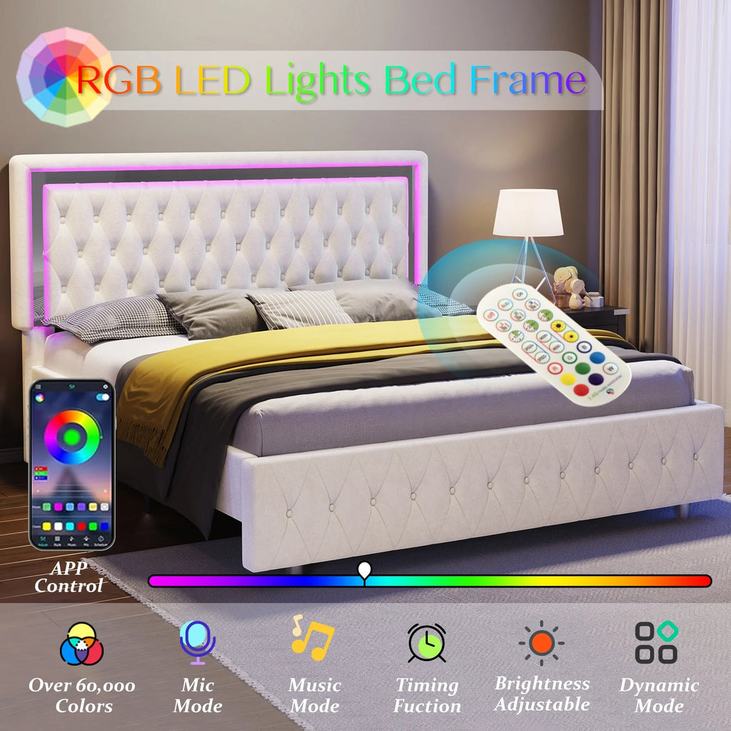 Queen Size Velvet Button Tufted LED Bed Frame U82341