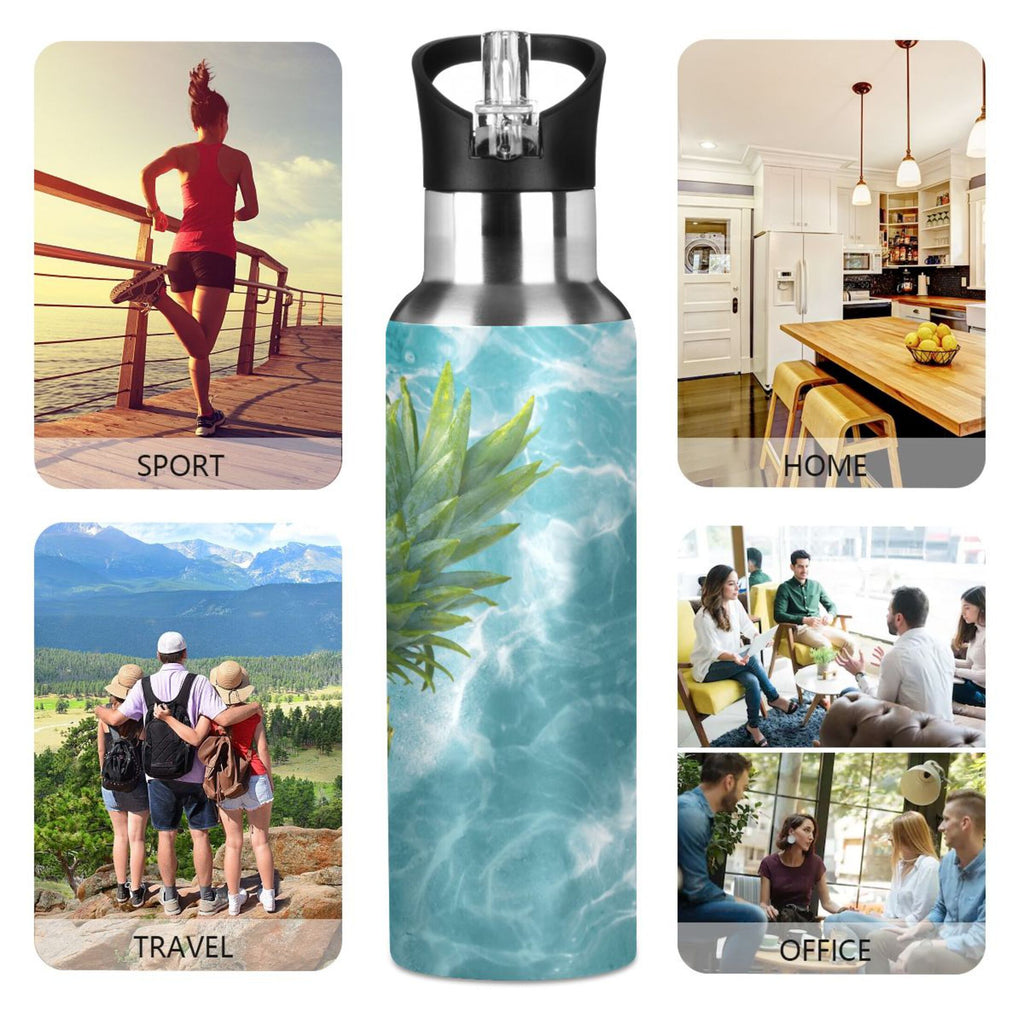 Yellow Pineapple on Blue Water Insulated Stainless Steel Water Bottle with Straw Lid 20 oz M382