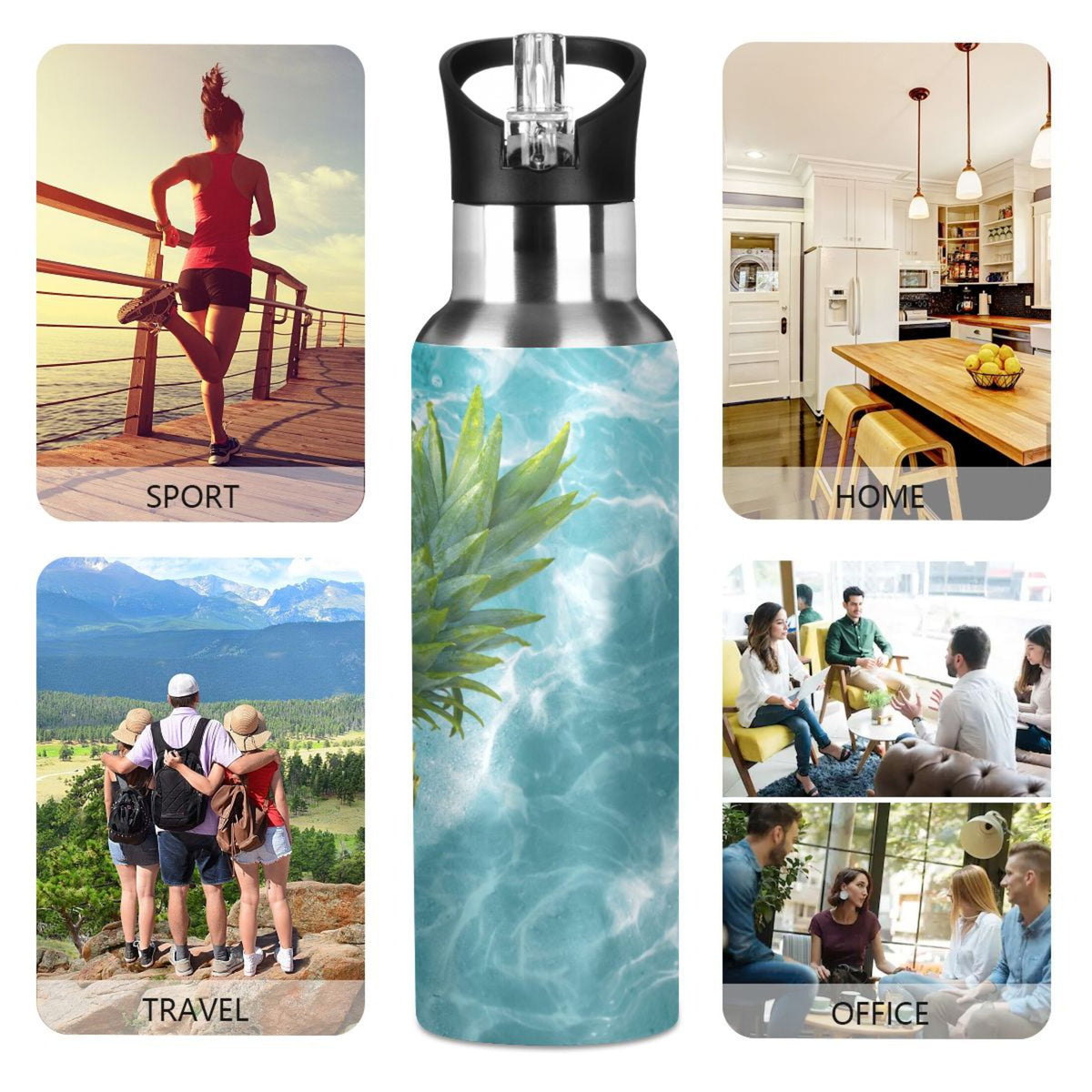 Yellow Pineapple on Blue Water Insulated Stainless Steel Water Bottle with Straw Lid 20 oz M382