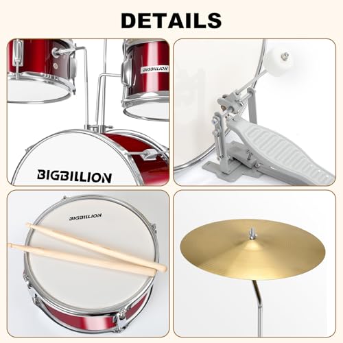 3-Piece 14'' Junior Drum Set with Bass Tom Snare Drum, Cymbal, Pedal, Drumsticks (Pink) E239