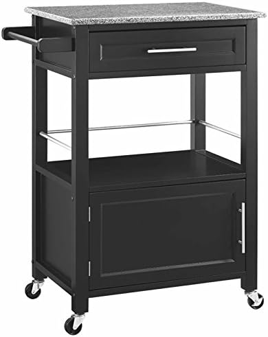 Pine Wood Granite Top Rolling Kitchen Island Cart in Black Y960
