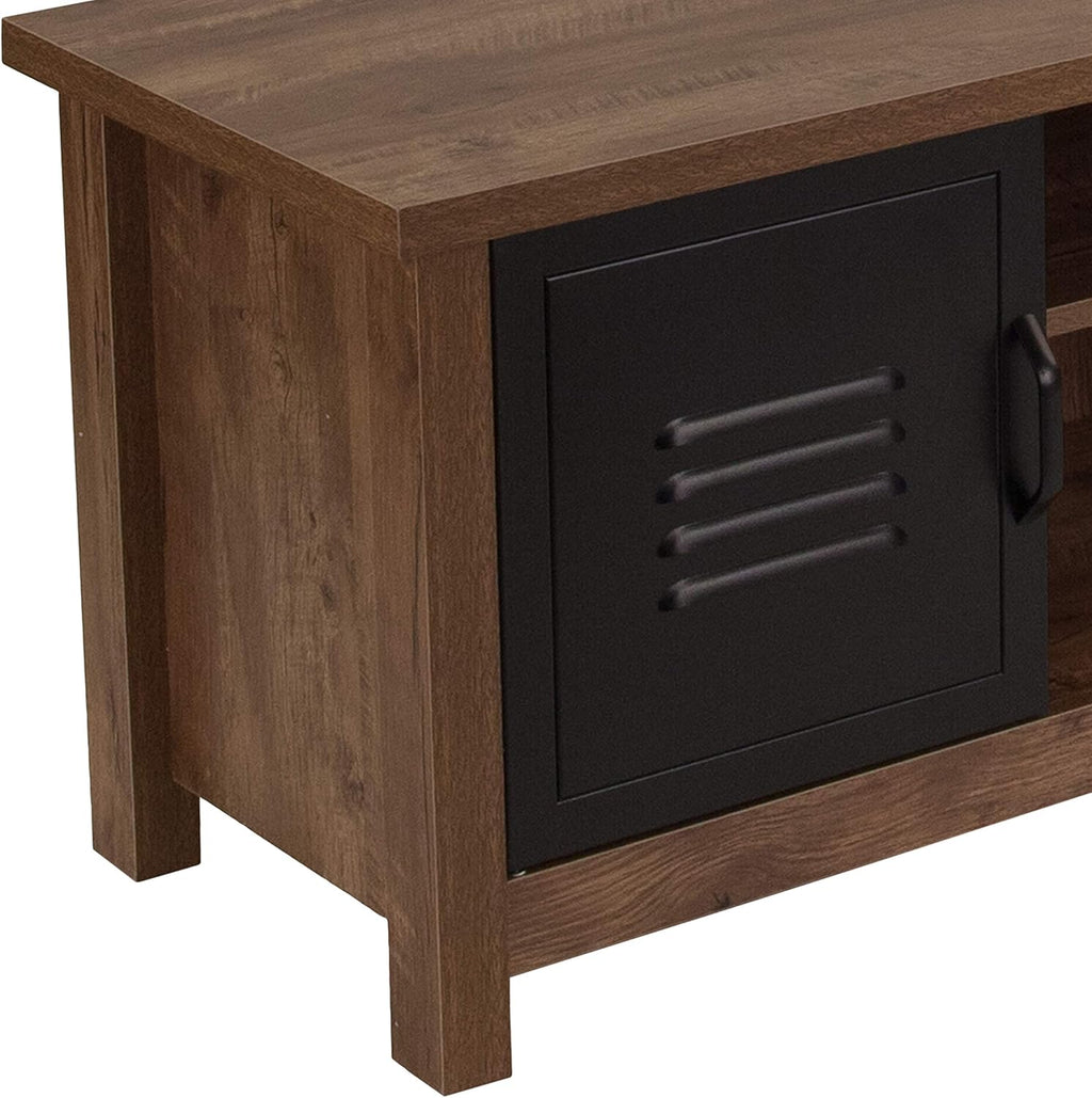 Oak Wood Grain Storage Bench with Metal Cabinet Doors P2073