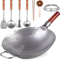 Carbon Steel Hand Hammered Wok Pan Set with 8 Pcs Cookware Accessories L592