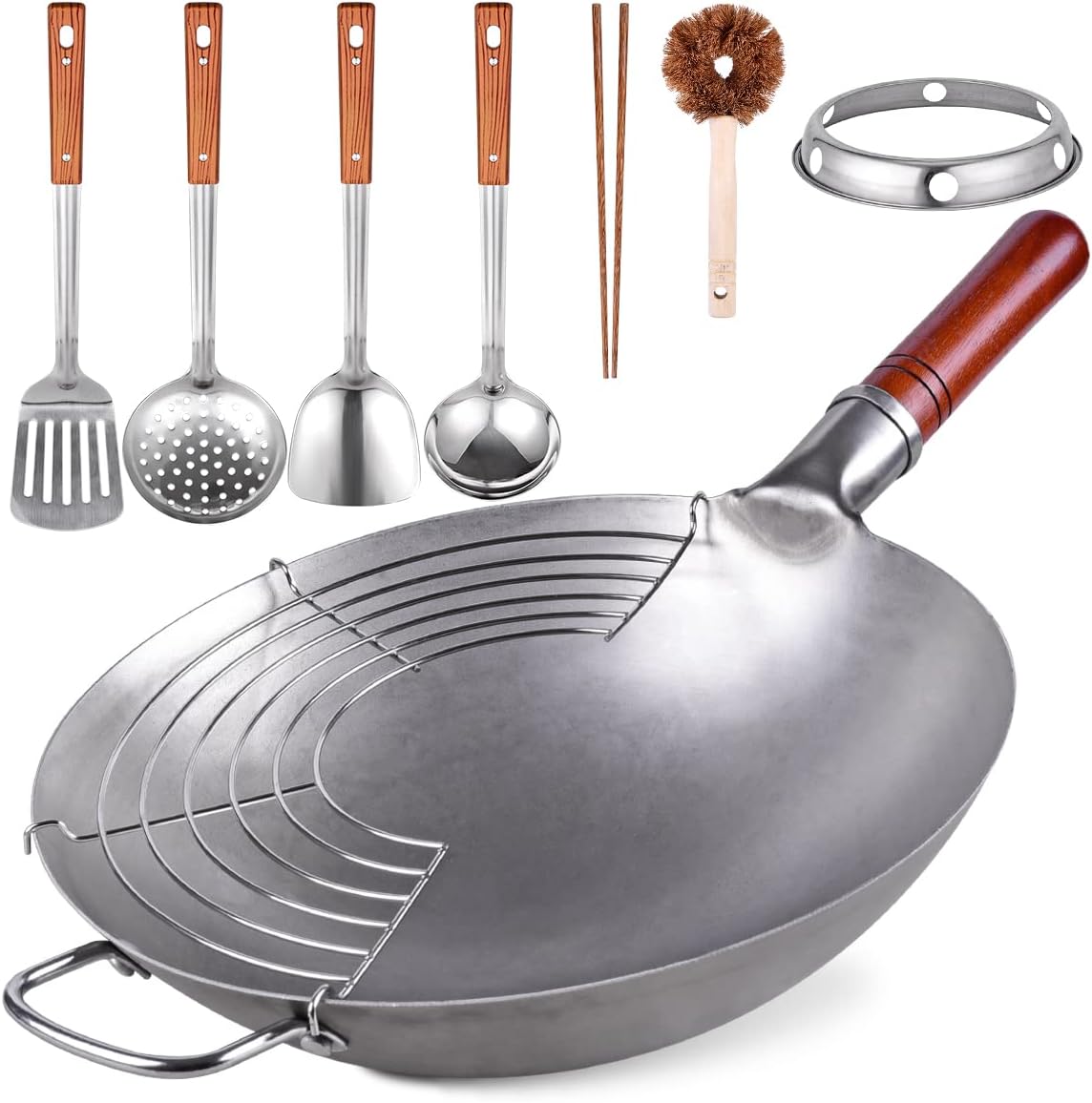 Carbon Steel Hand Hammered Wok Pan Set with 8 Pcs Cookware Accessories L592