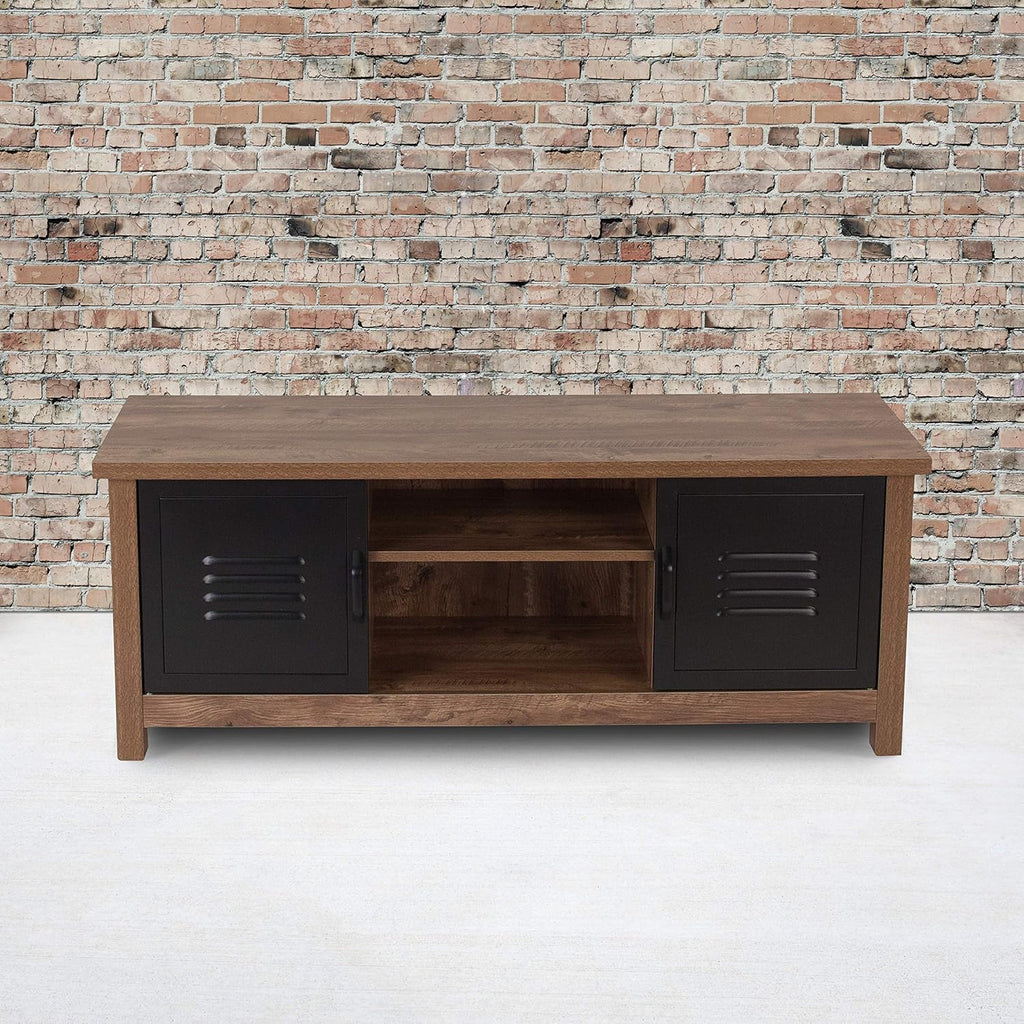 Oak Wood Grain Storage Bench with Metal Cabinet Doors P2073