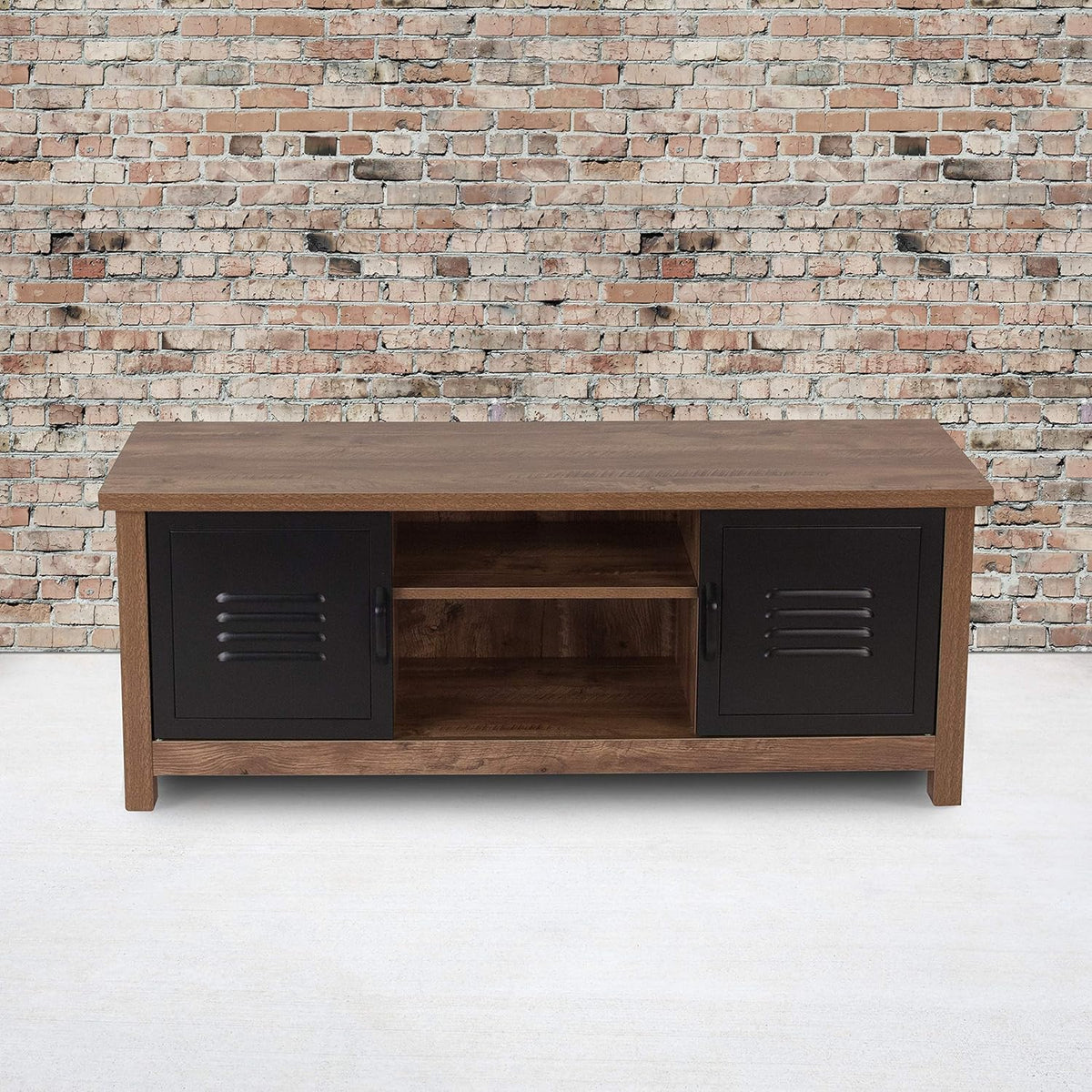 Oak Wood Grain Storage Bench with Metal Cabinet Doors P2073