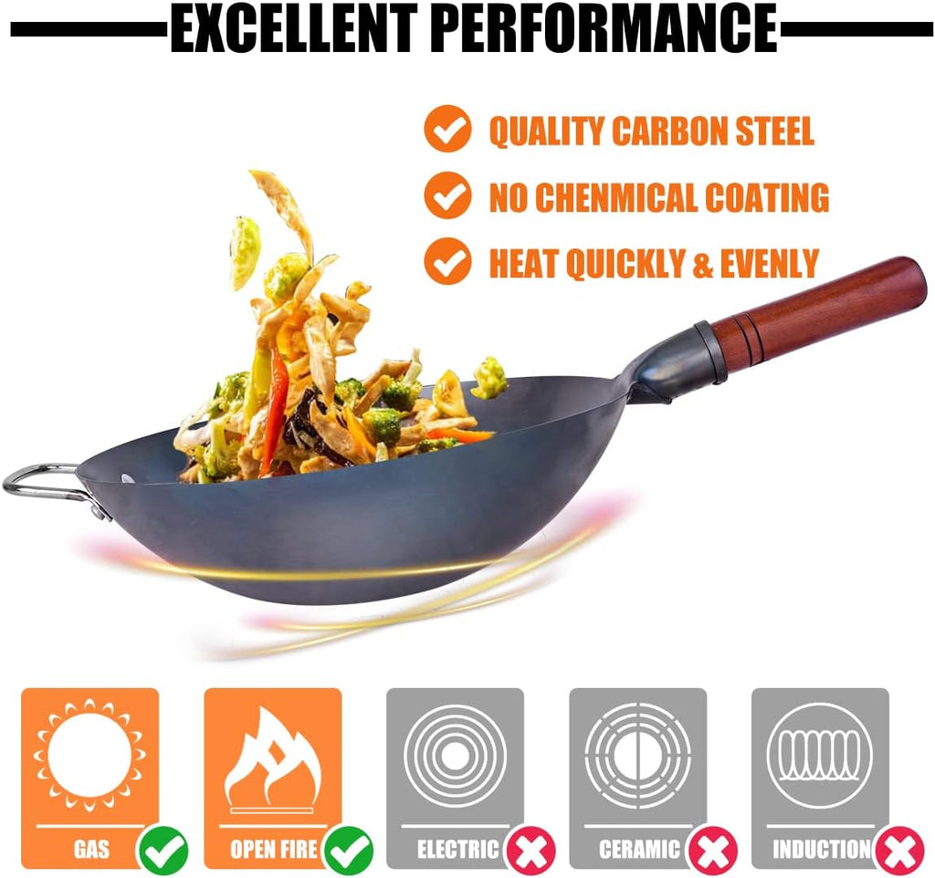Carbon Steel Hand Hammered Wok Pan Set with 8 Pcs Cookware Accessories L592