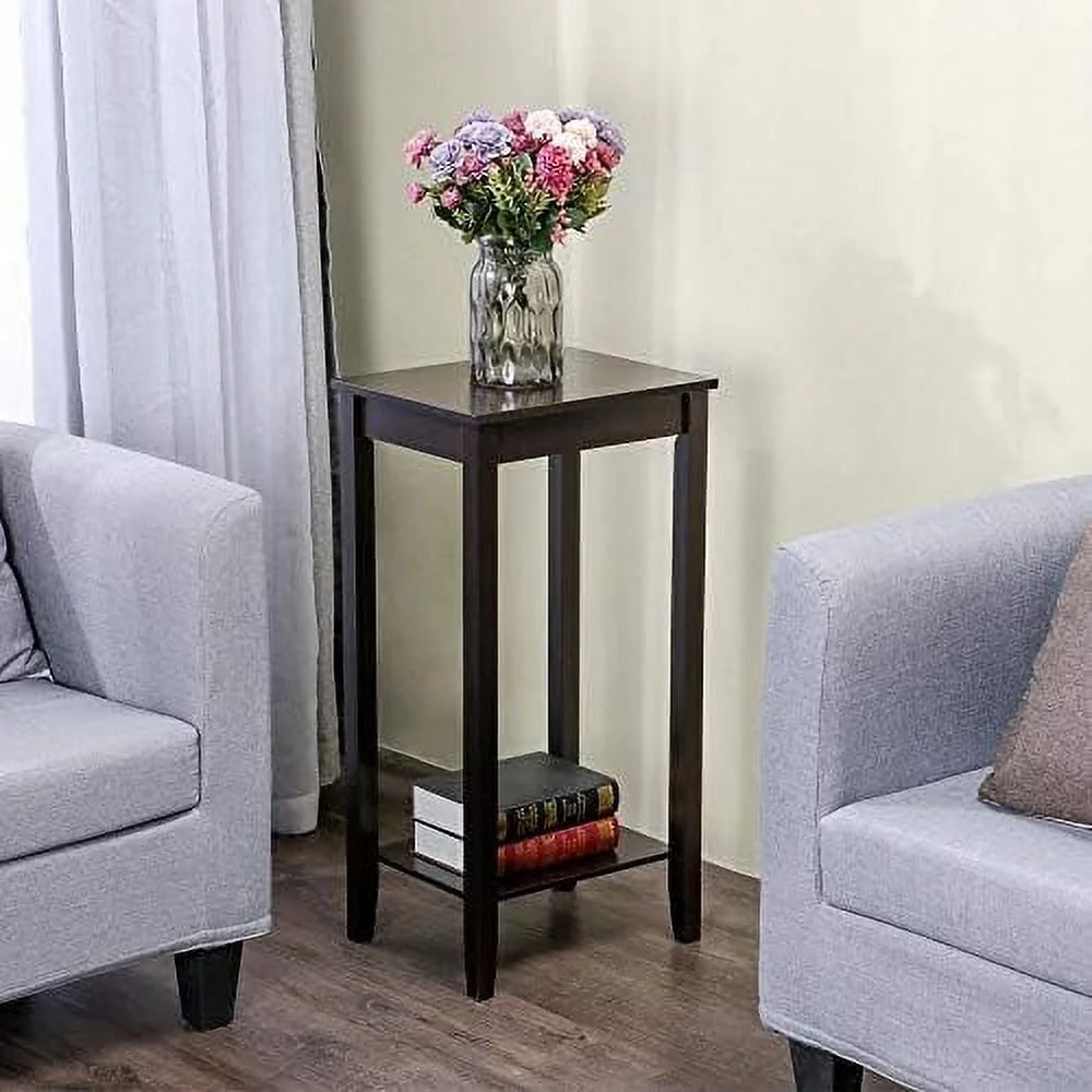 Dark Coffee Tall End Table With Storage Shelf And Solid Wood Legs, D12xw15xh29 Inches V4820