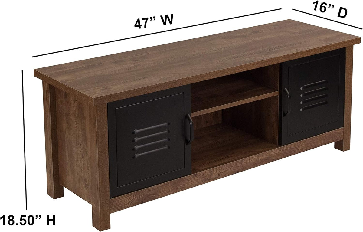 Oak Wood Grain Storage Bench with Metal Cabinet Doors P2073