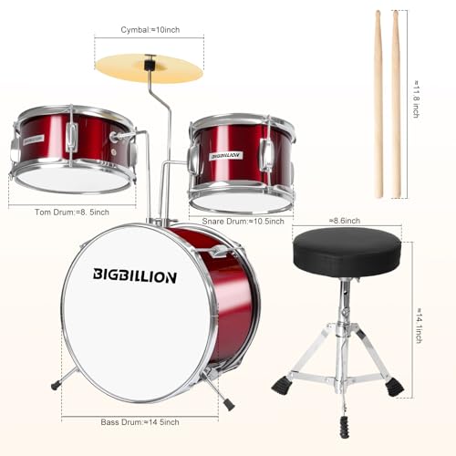 3-Piece 14'' Junior Drum Set with Bass Tom Snare Drum, Cymbal, Pedal, Drumsticks (Pink) E239