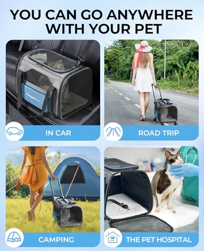 Cat Carrier with Wheels, Airline Approved Pet Carrier for Cats Dogs 15 lbs with Telescopic Handle, Small Dog Carrier with Wheels Removable, Soft Rolling Cat Carrier with Large Pocket T948