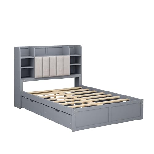 White Queen Size Murphy Bed with Shelves and Drawers E338