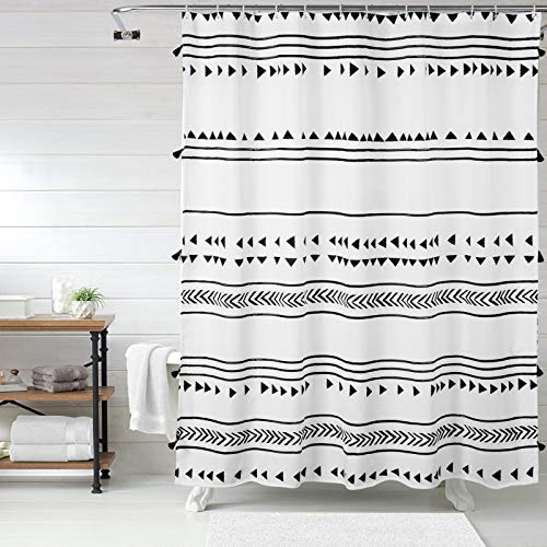 72x72 Black and White Fabric Shower Curtain with Hooks R609097