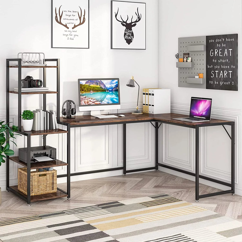 79" Reversible L-Shaped Desk with 5 Tier Storage Shelves O322189