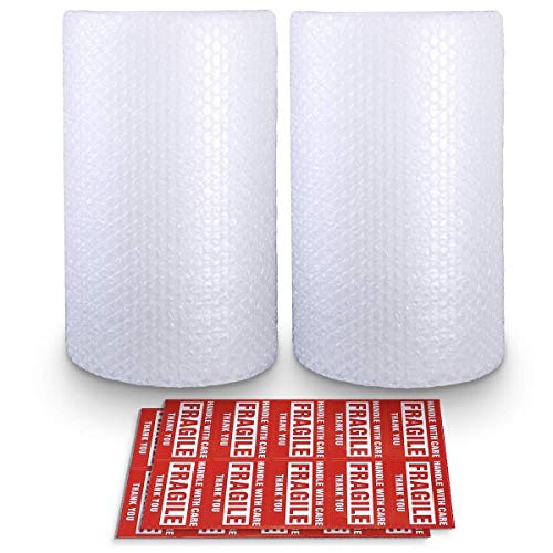 2-Pack Bubble Cushioning Nylon Wrap Rolls, 3/16" x 12" x 72' ft Total, Perforated Every 12", 20 Fragile Stickers K6464