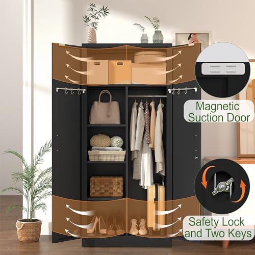 Black Metal Armoire Wardrobe with 2 Doors, 1 Adjustable Shelf, 2 Drawers, and Hanging Rod R7434