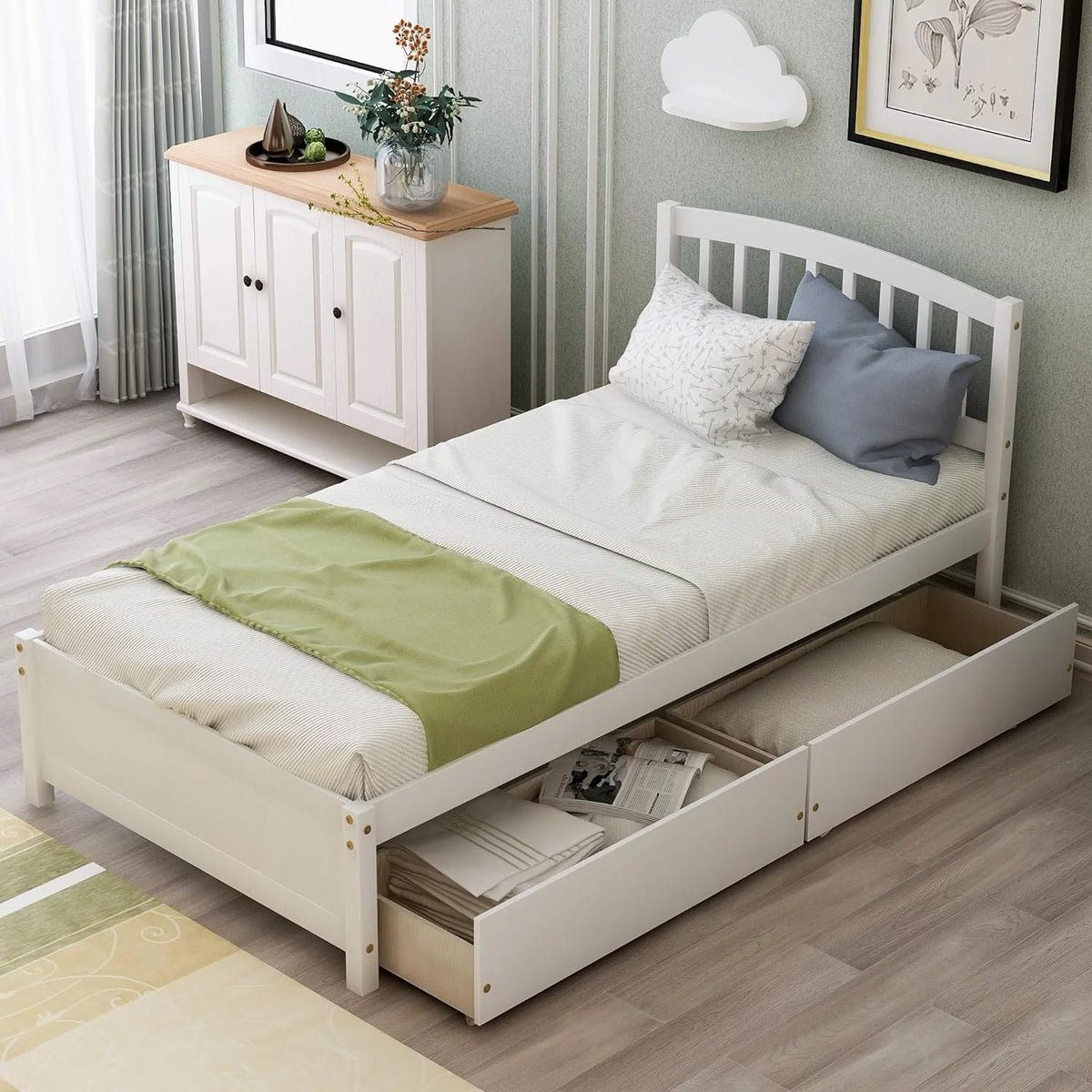 White Wood Platform Storage Bed with Two Drawers and Headboard D204037