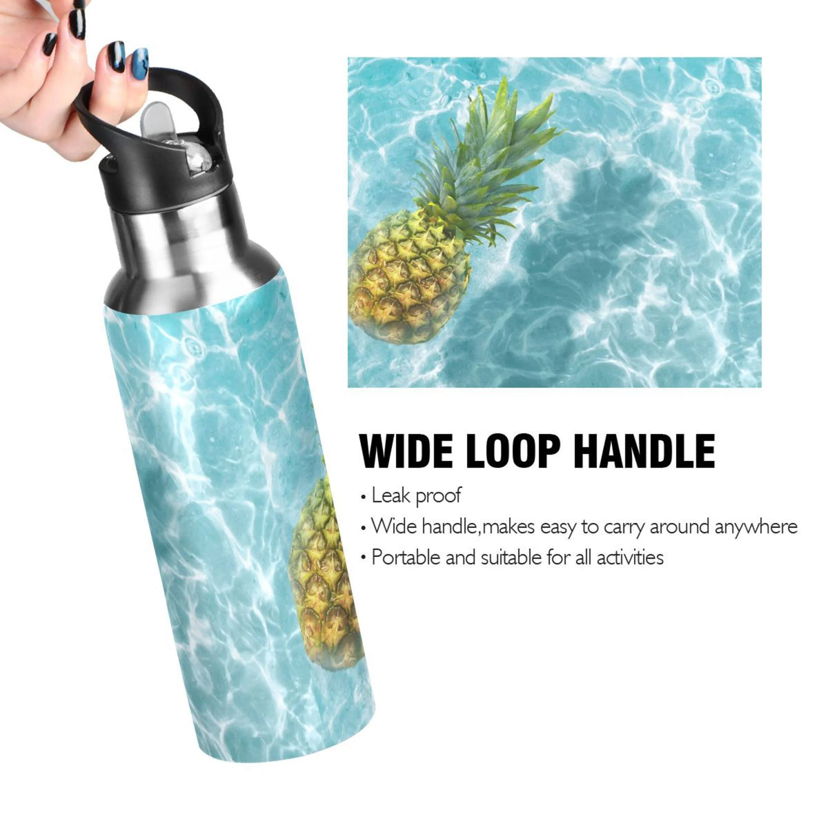 Yellow Pineapple on Blue Water Insulated Stainless Steel Water Bottle with Straw Lid 20 oz M382