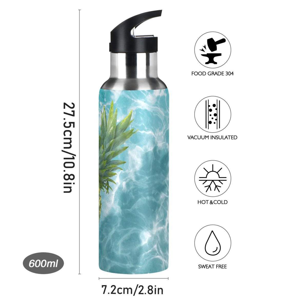Yellow Pineapple on Blue Water Insulated Stainless Steel Water Bottle with Straw Lid 20 oz M382