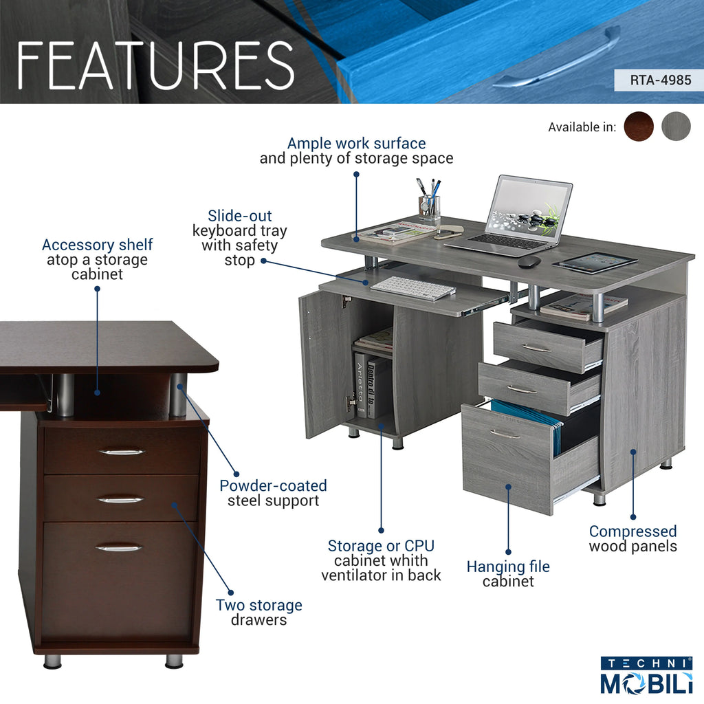 Chocolate Computer Workstation with Cabinet and Drawers T1261